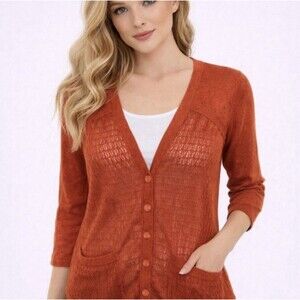 Sparrow Anthropologie Womens L Orange Linen Cotton Blend Button Cardiagan FLAWED